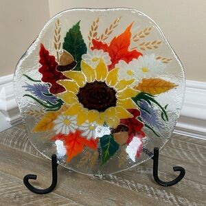 Peggy Karr Signed Fused Art Bubbled Glass Bowl Sunflower Autumn Leaves 8” Lovely
